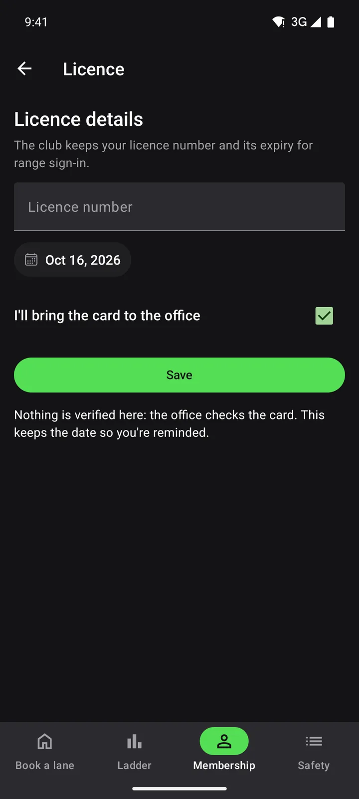 Ridgeline Sporting Club: Licence on Android, dark