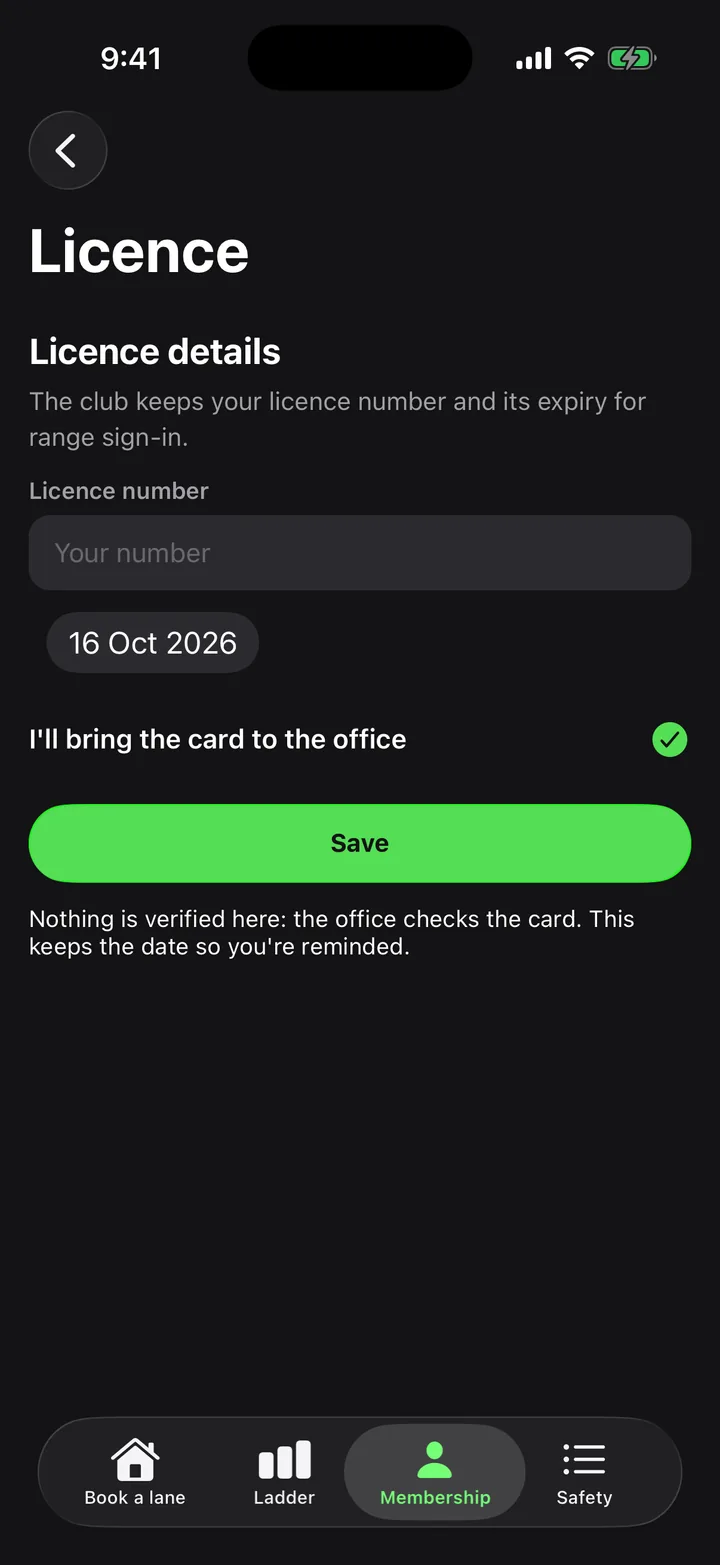 Ridgeline Sporting Club: Licence on iOS, dark