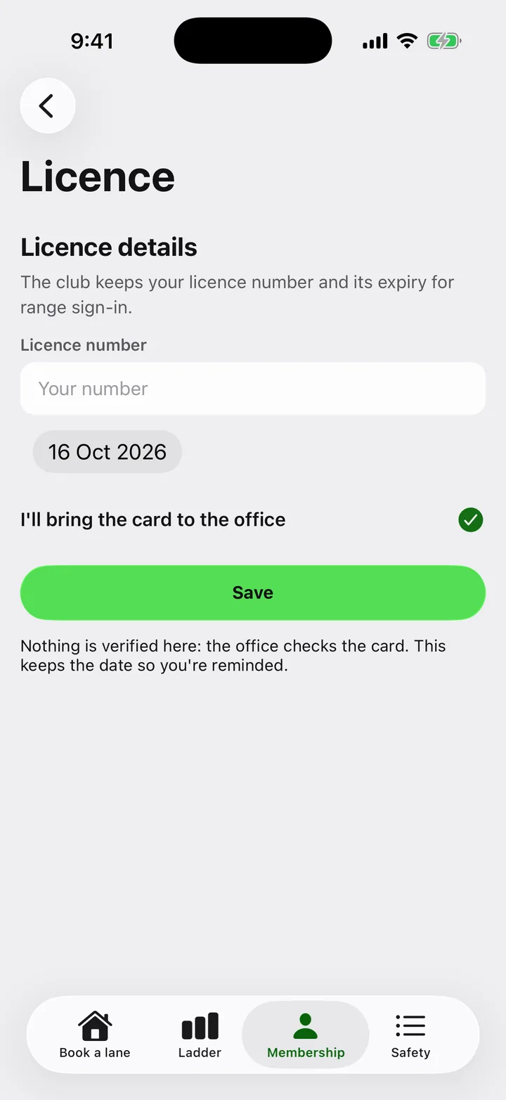 Ridgeline Sporting Club: Licence on iOS, light