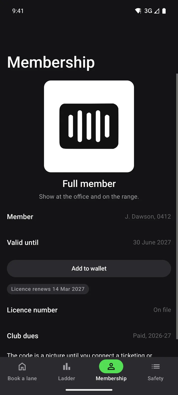 Ridgeline Sporting Club: Membership on Android, dark