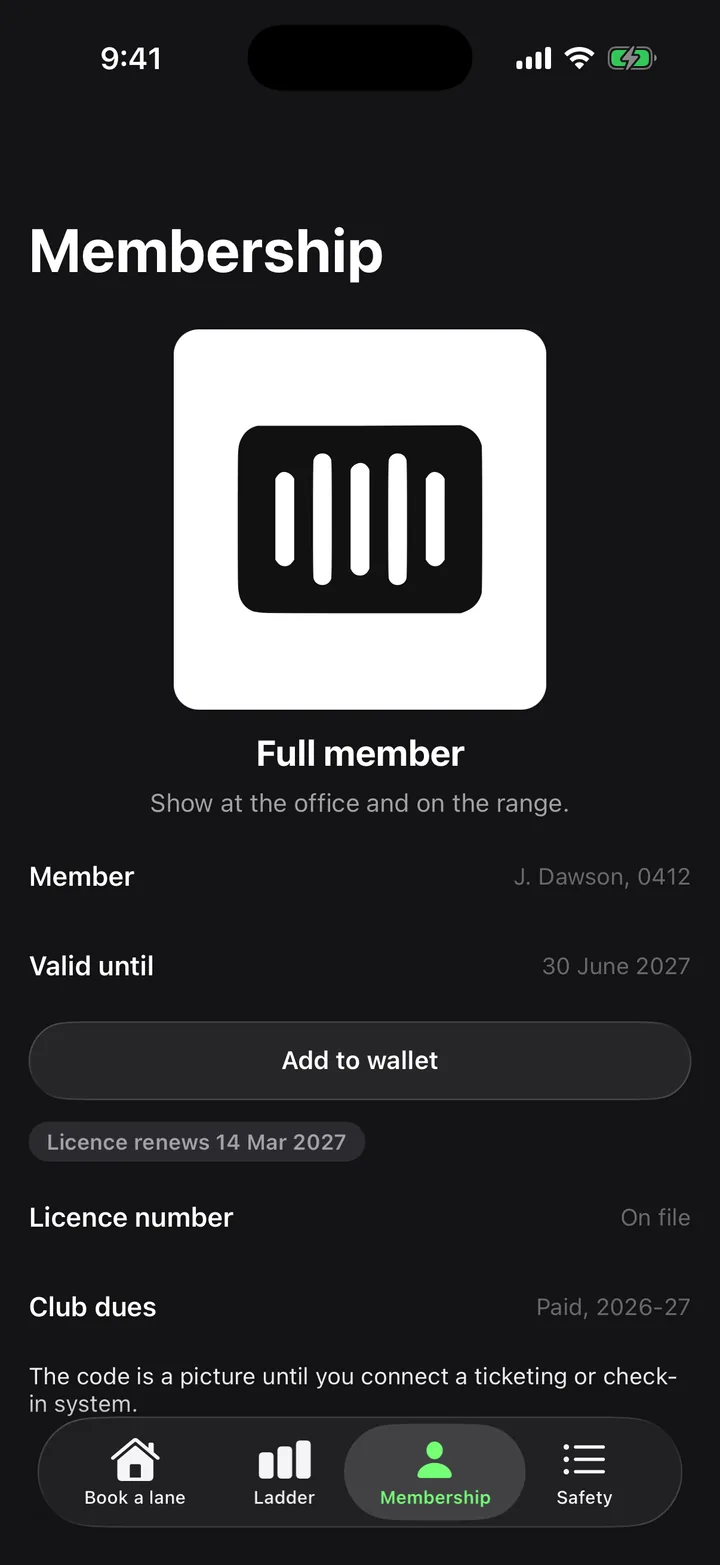Ridgeline Sporting Club: Membership on iOS, dark