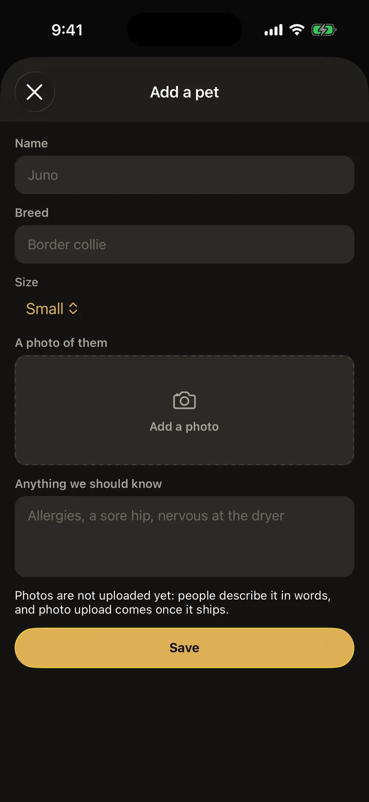 Scruffs Grooming: Add a pet on iOS, dark