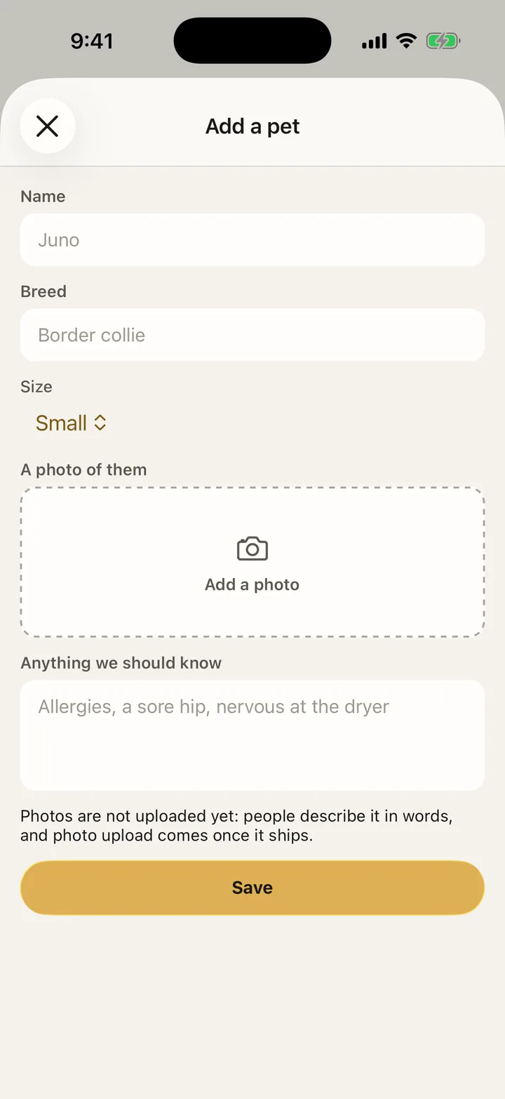 Scruffs Grooming: Add a pet on iOS, light