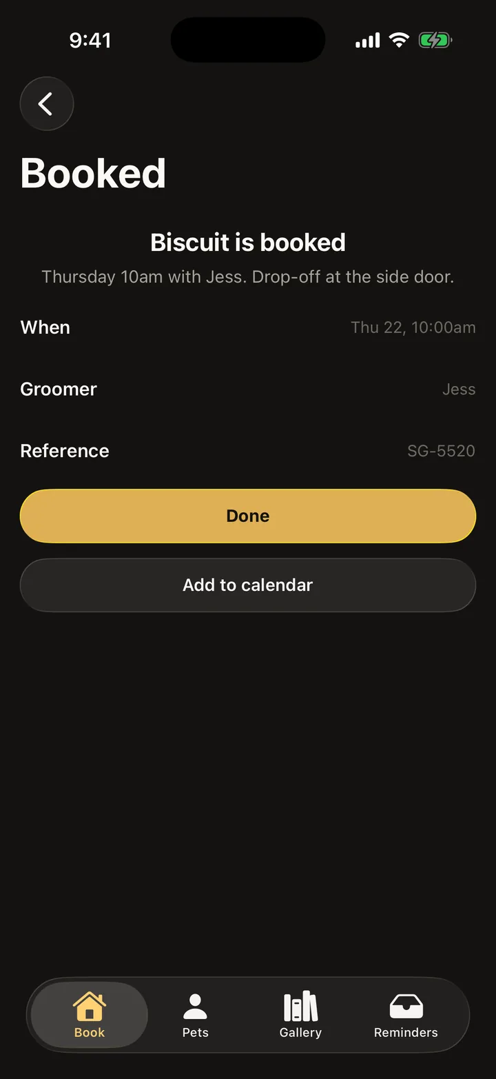 Scruffs Grooming: Booked on iOS, dark