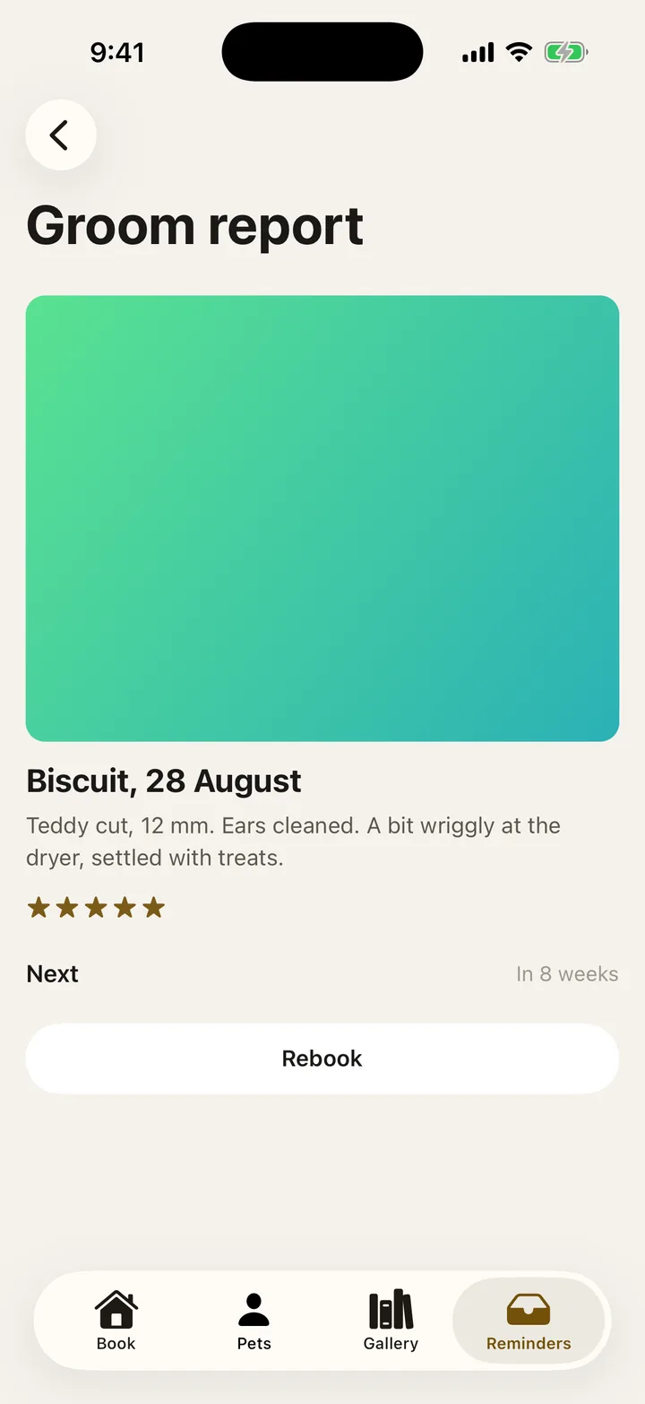 Scruffs Grooming: Groom report on iOS, light