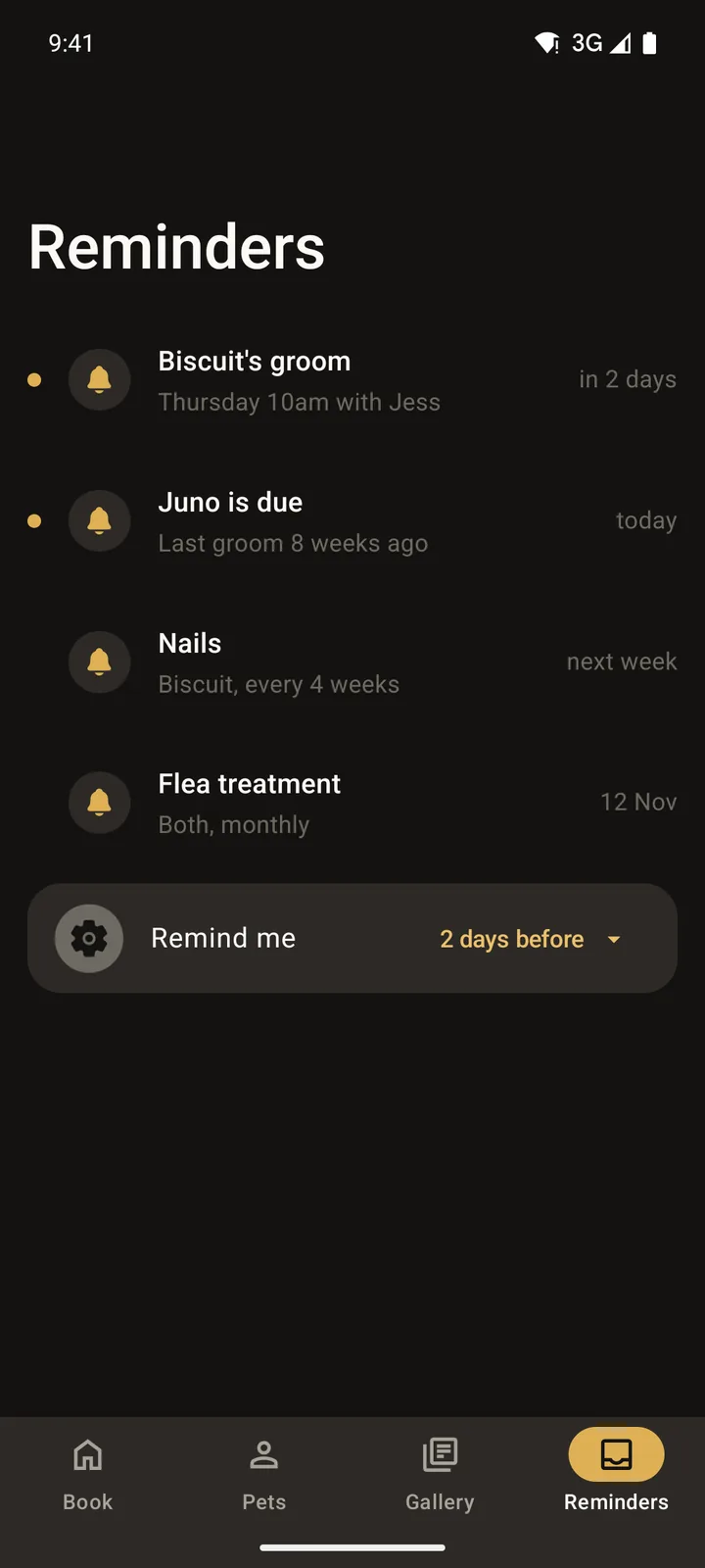 Scruffs Grooming: Reminders on Android, dark