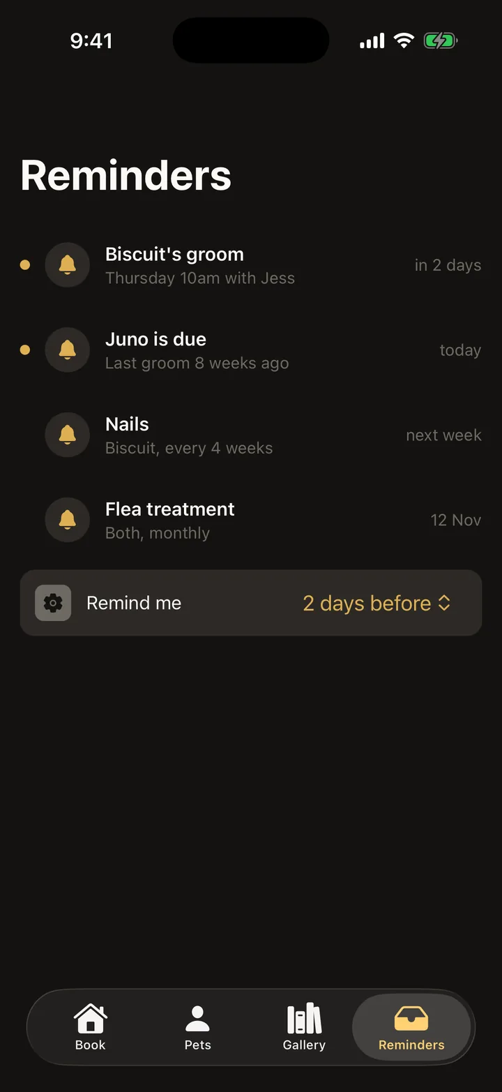 Scruffs Grooming: Reminders on iOS, dark