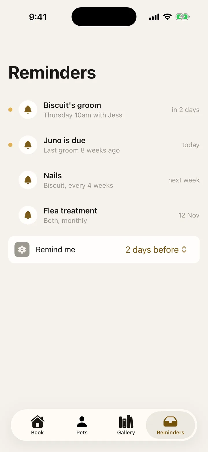 Scruffs Grooming: Reminders on iOS, light