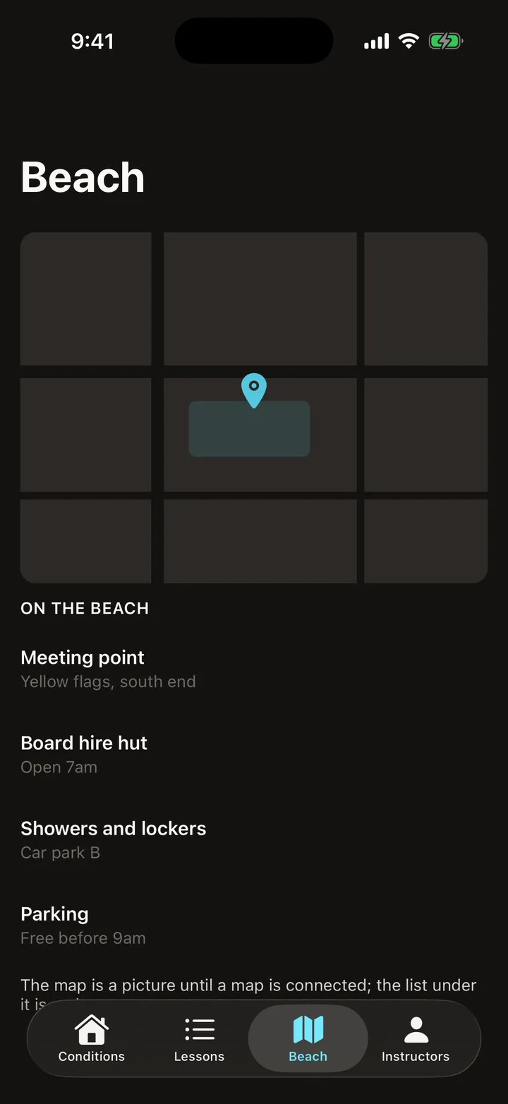 Southswell Surf School: Beach on iOS, dark