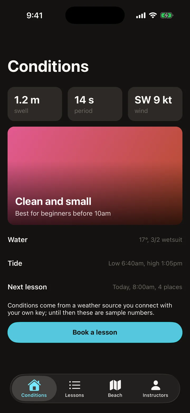 Southswell Surf School: Conditions on iOS, dark