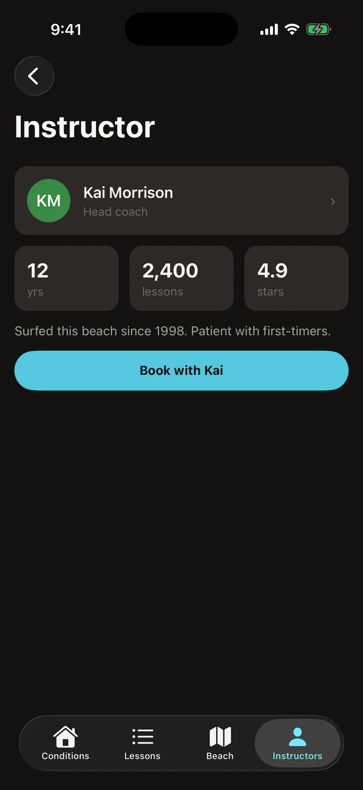 Southswell Surf School: Instructor on iOS, dark