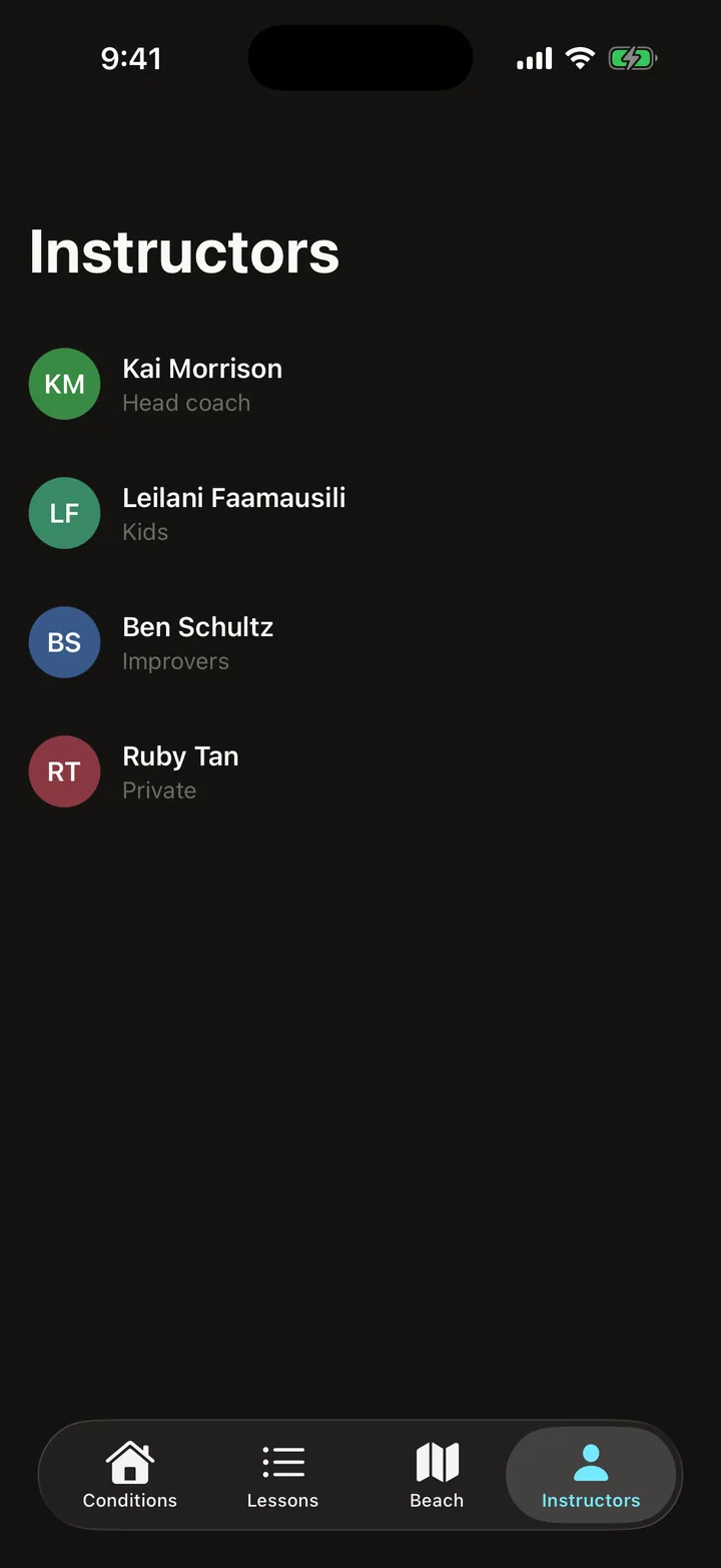 Southswell Surf School: Instructors on iOS, dark