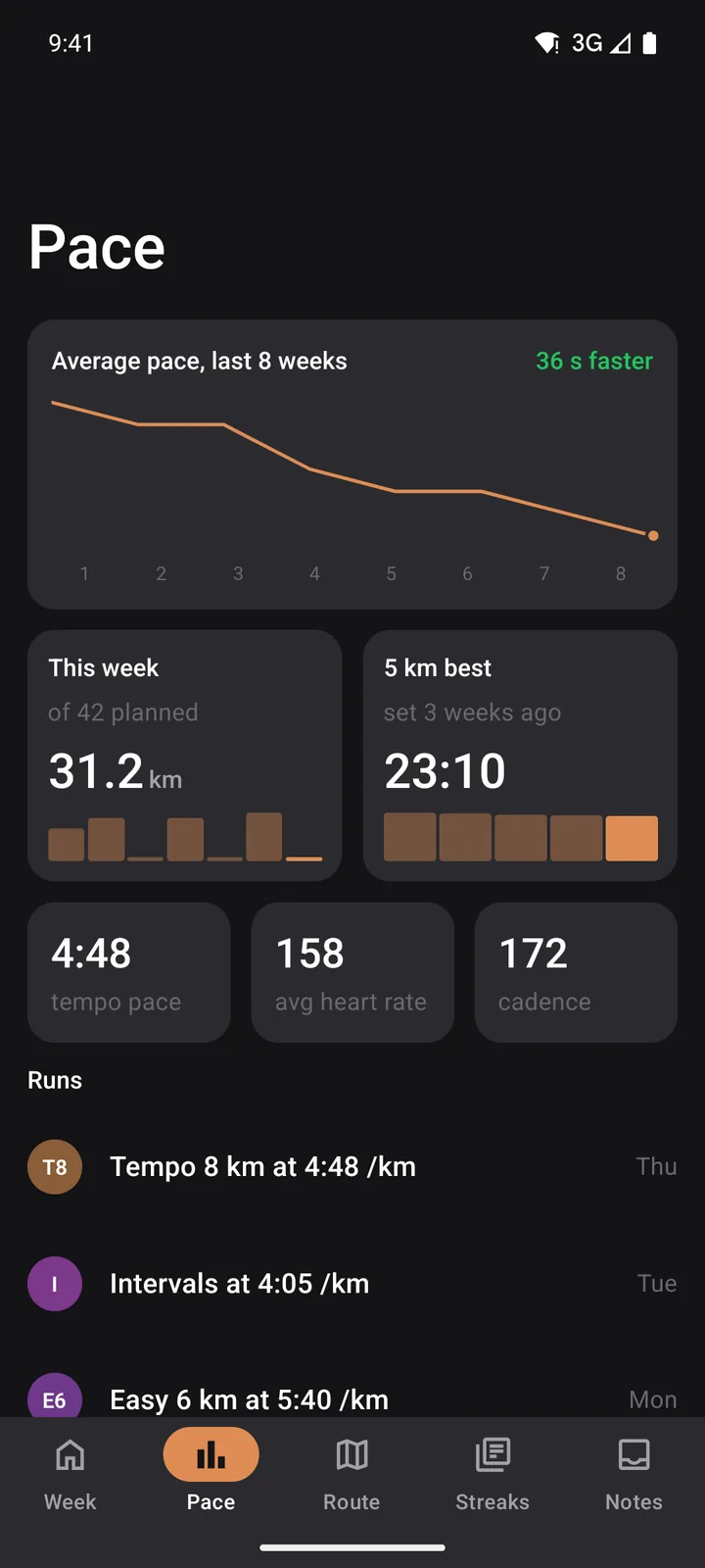Stride Plan: Pace on Android, dark