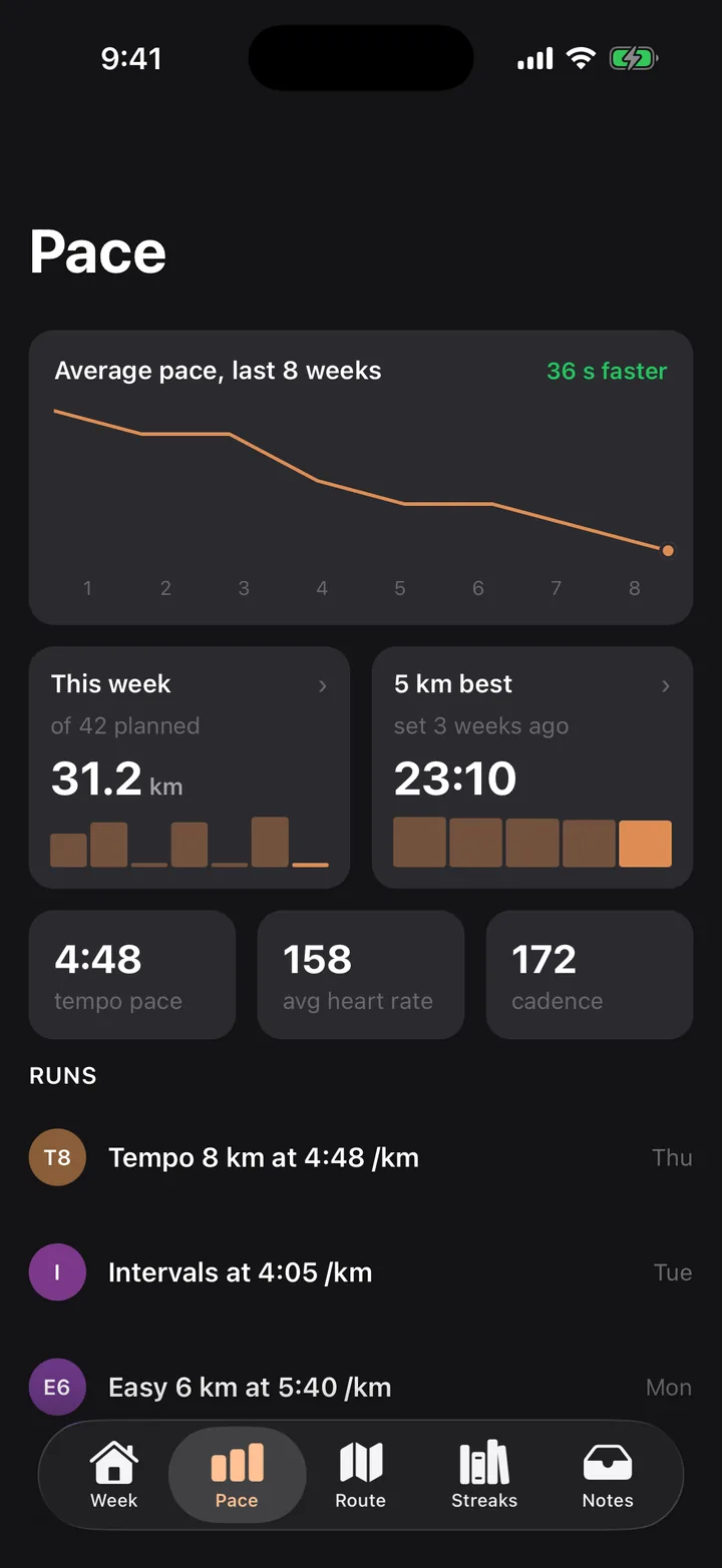 Stride Plan: Pace on iOS, dark