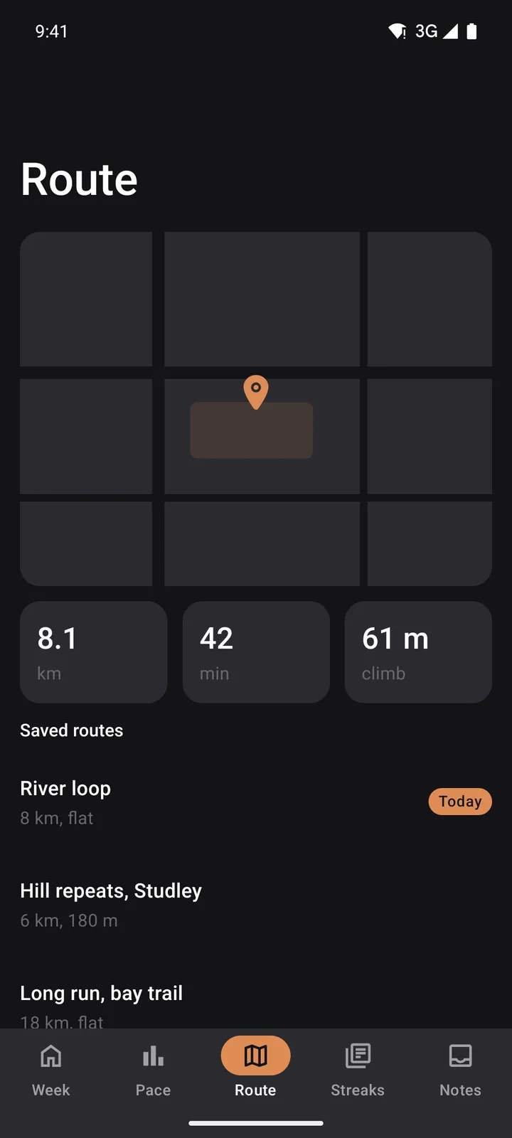Stride Plan: Route on Android, dark