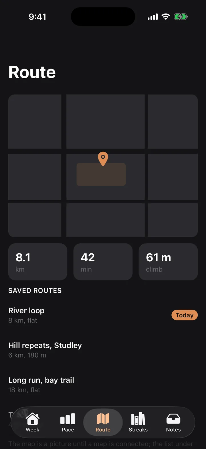 Stride Plan: Route on iOS, dark