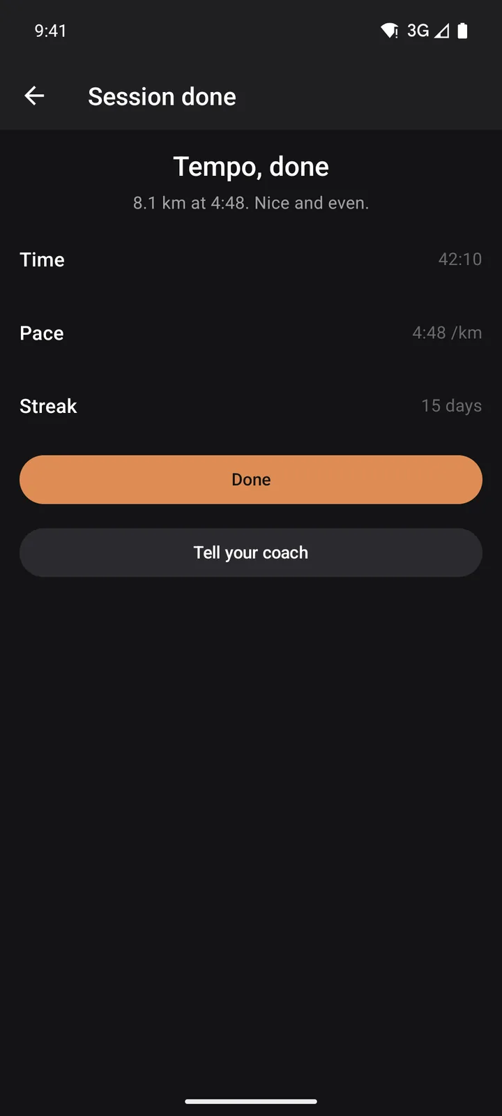 Stride Plan: Session done on Android, dark