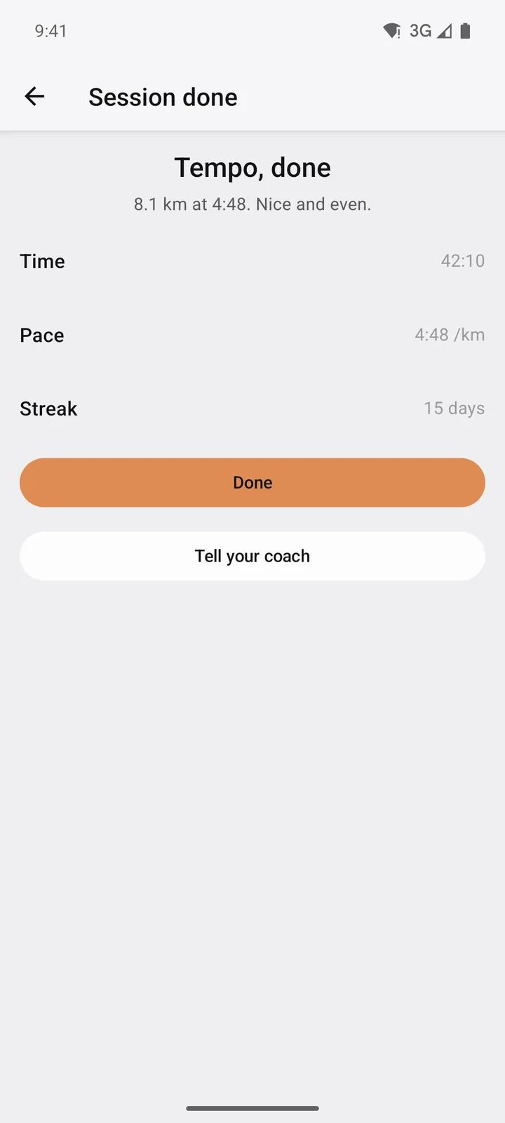 Stride Plan: Session done on Android, light