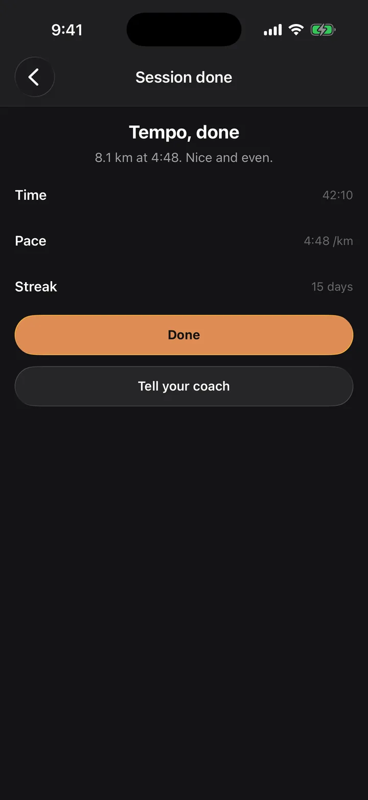 Stride Plan: Session done on iOS, dark