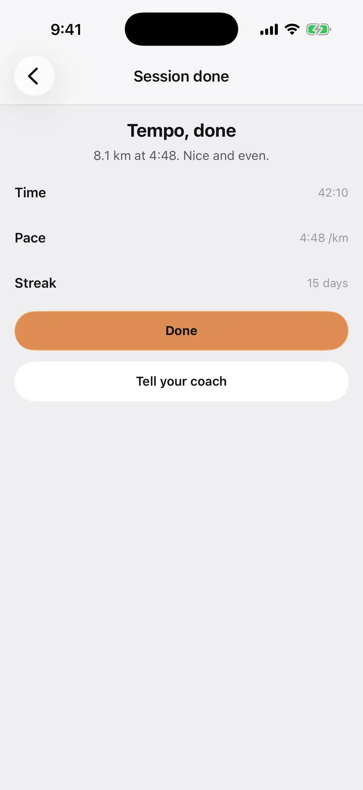Stride Plan: Session done on iOS, light