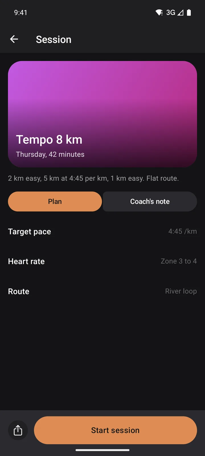 Stride Plan: Session on Android, dark
