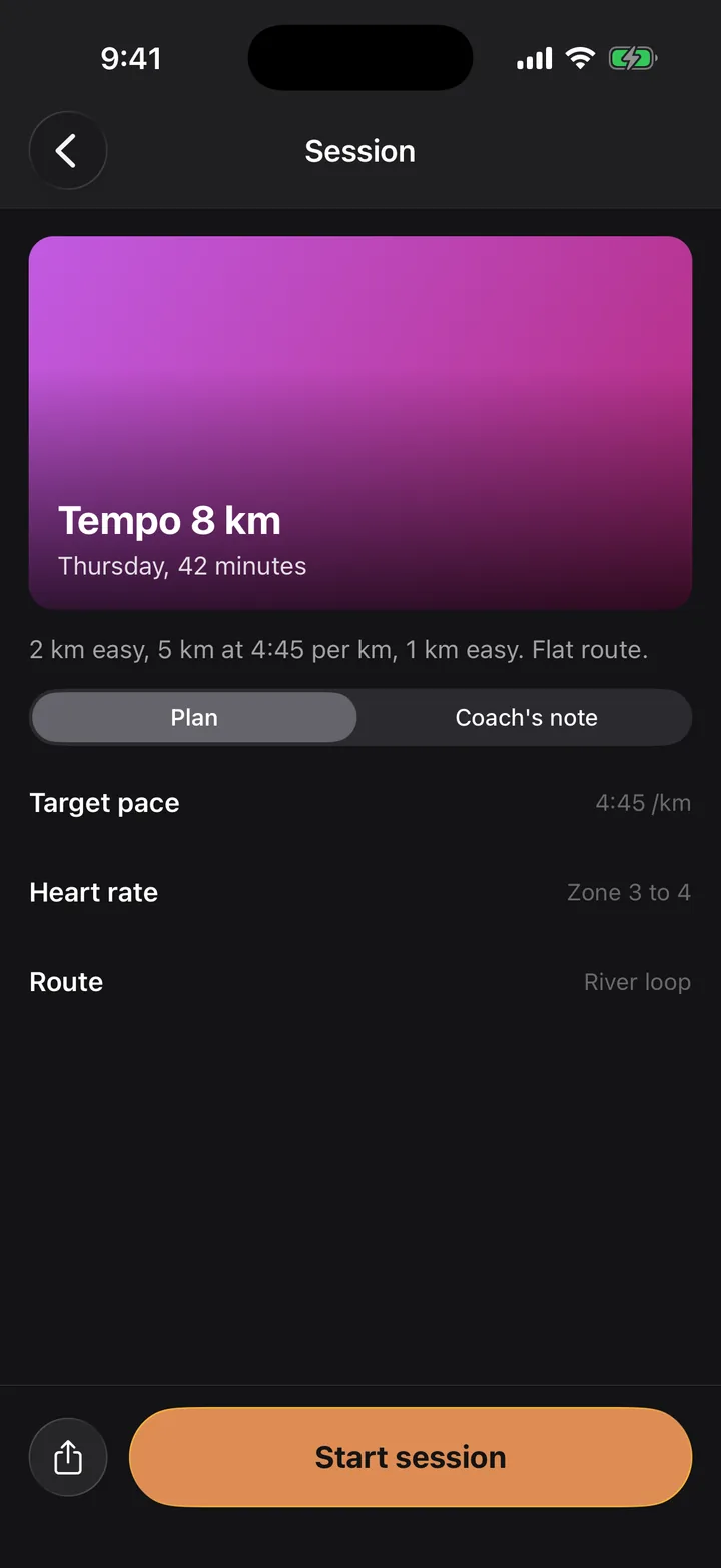 Stride Plan: Session on iOS, dark