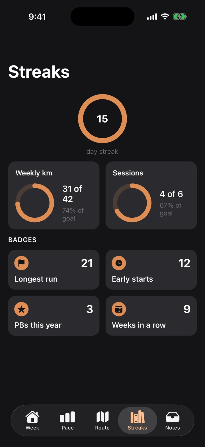 Stride Plan: Streaks on iOS, dark