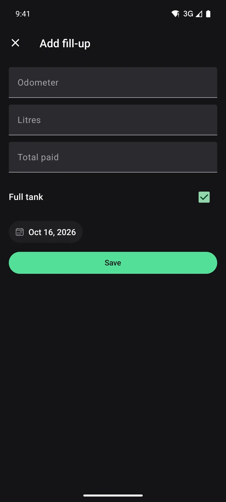 Tank & Odometer: Add fill-up on Android, dark