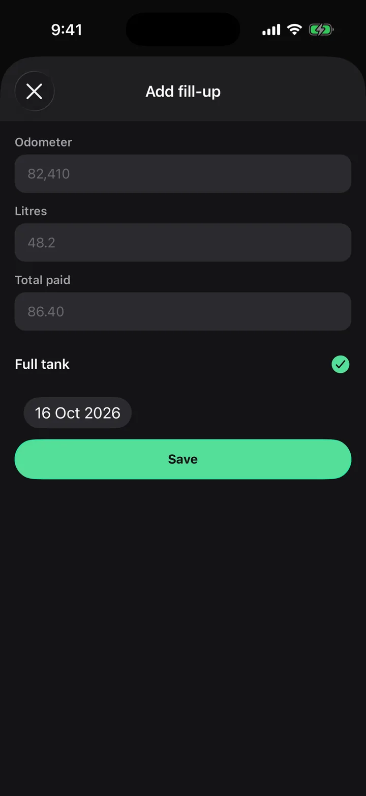 Tank & Odometer: Add fill-up on iOS, dark