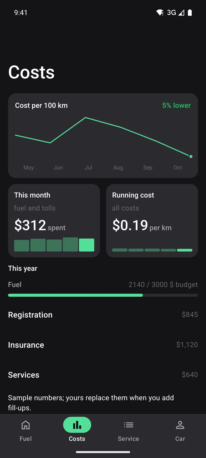 Tank & Odometer: Costs on Android, dark