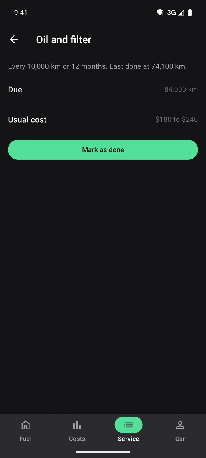 Tank & Odometer: Oil and filter on Android, dark