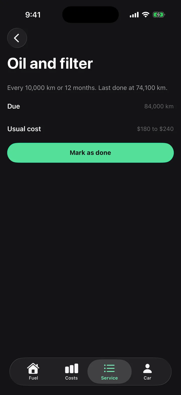 Tank & Odometer: Oil and filter on iOS, dark