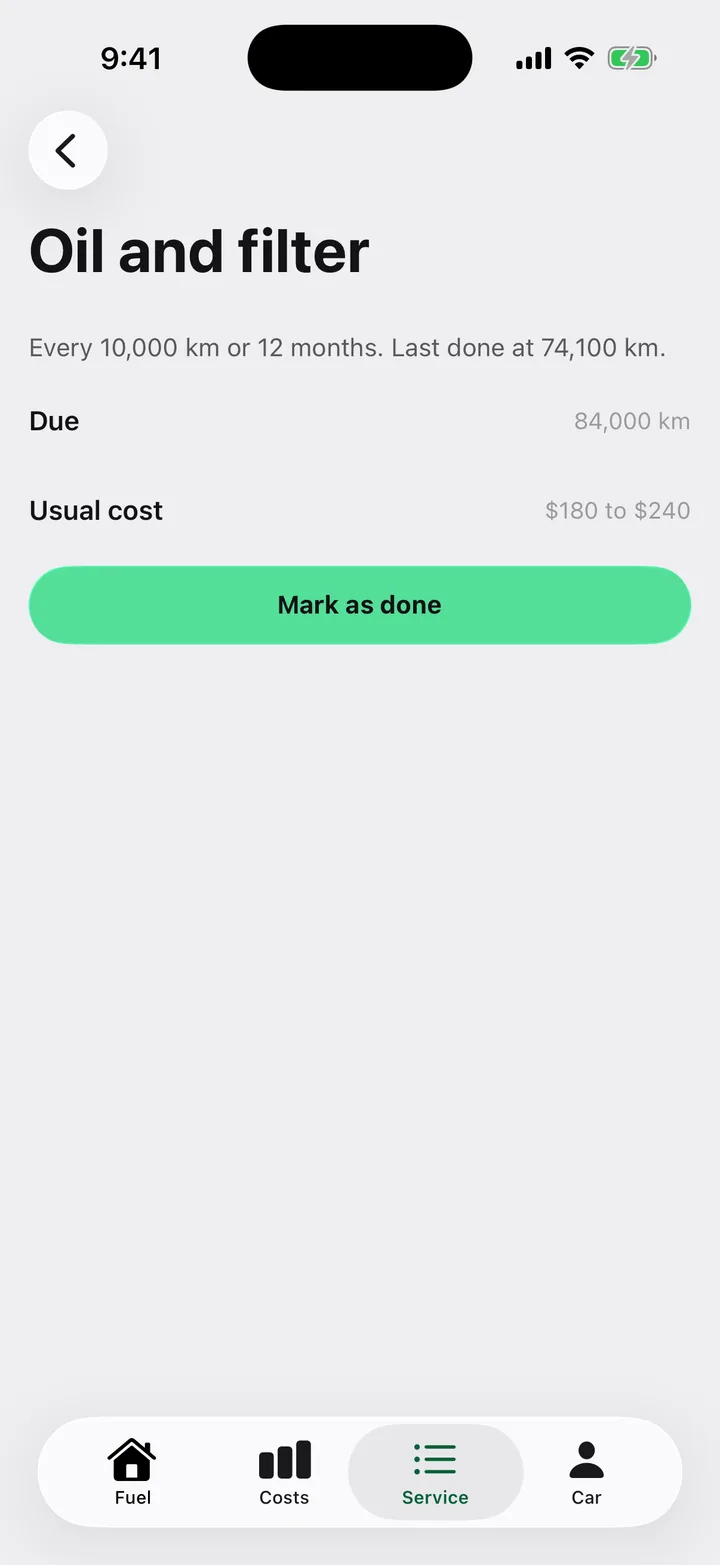 Tank & Odometer: Oil and filter on iOS, light