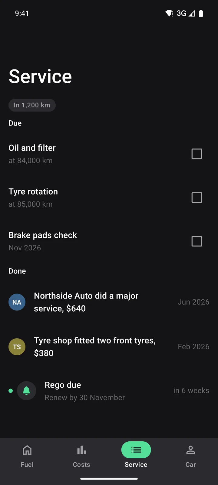Tank & Odometer: Service on Android, dark