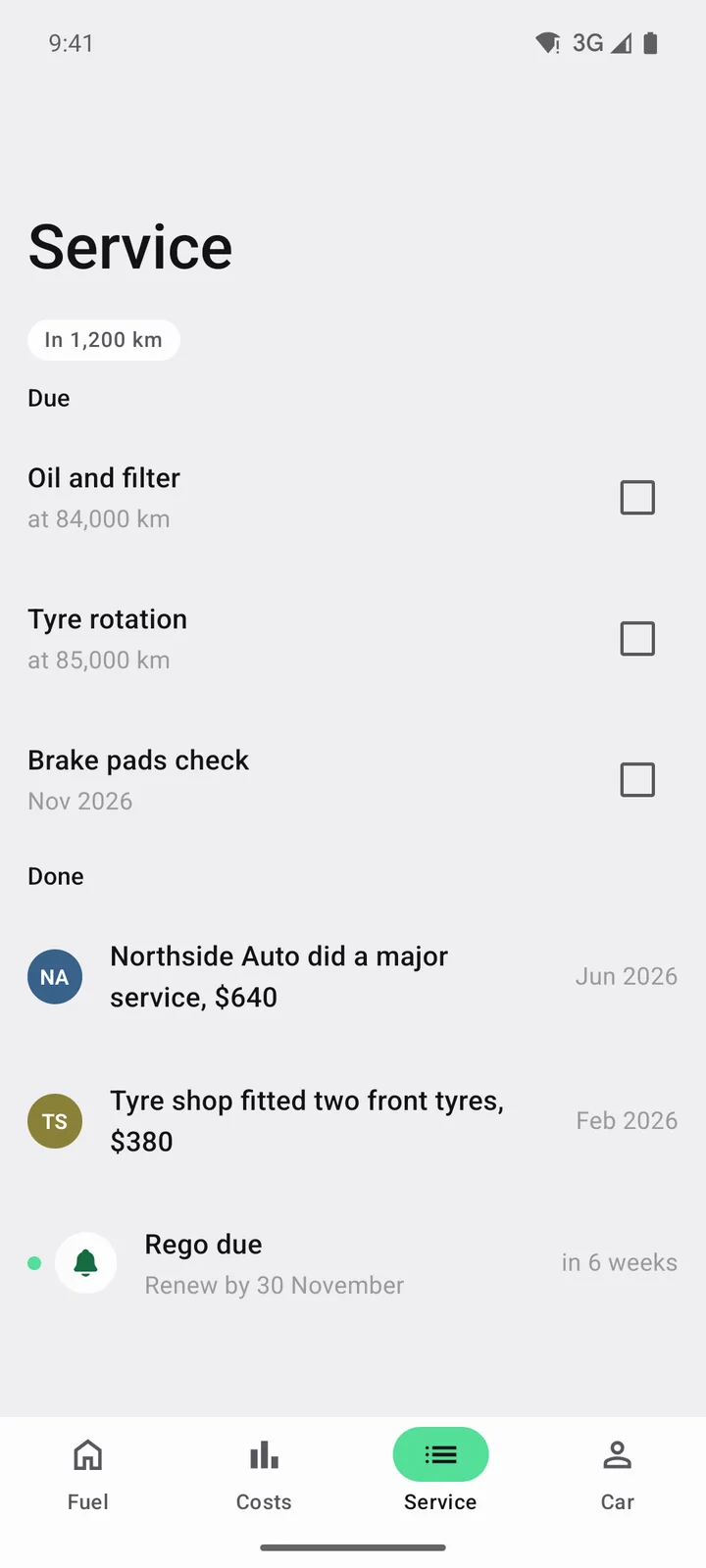 Tank & Odometer: Service on Android, light
