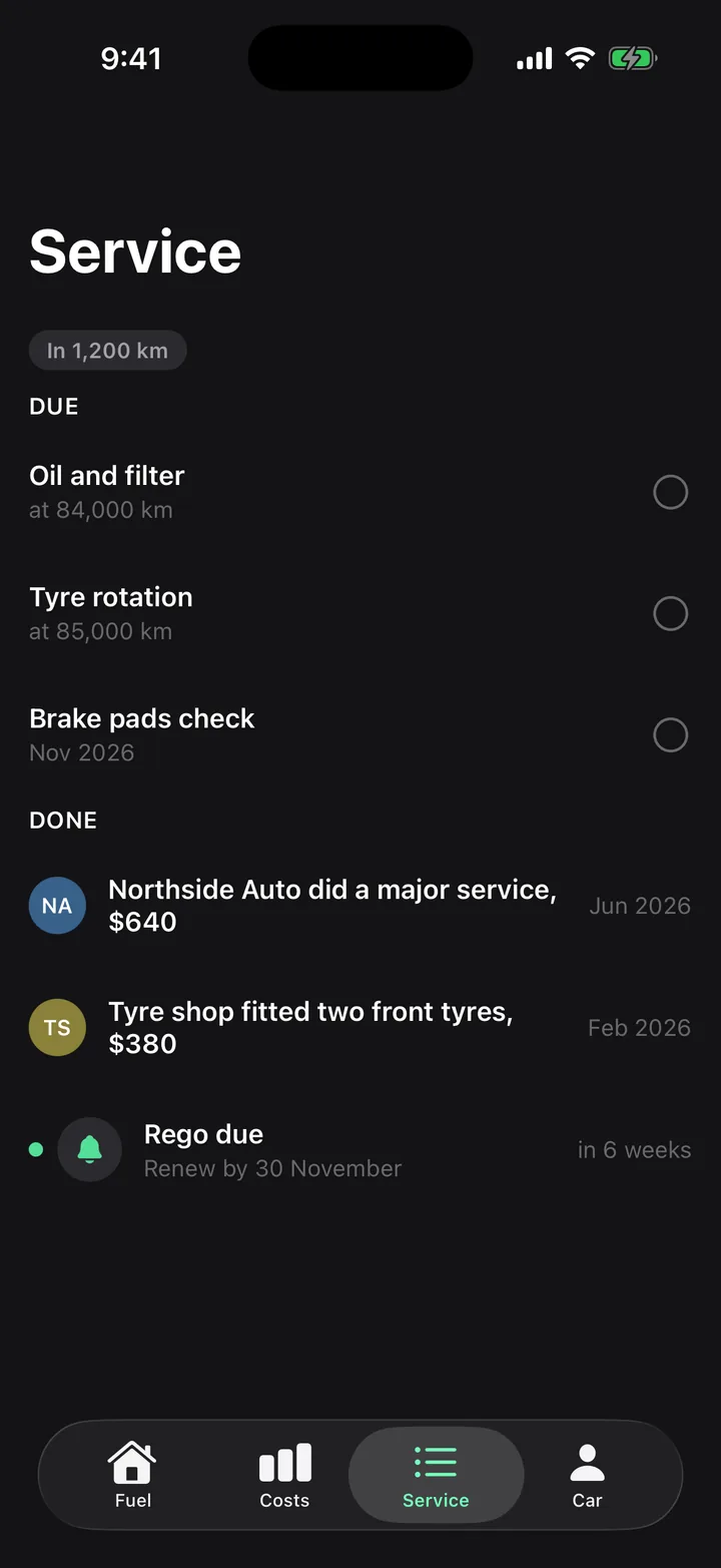 Tank & Odometer: Service on iOS, dark