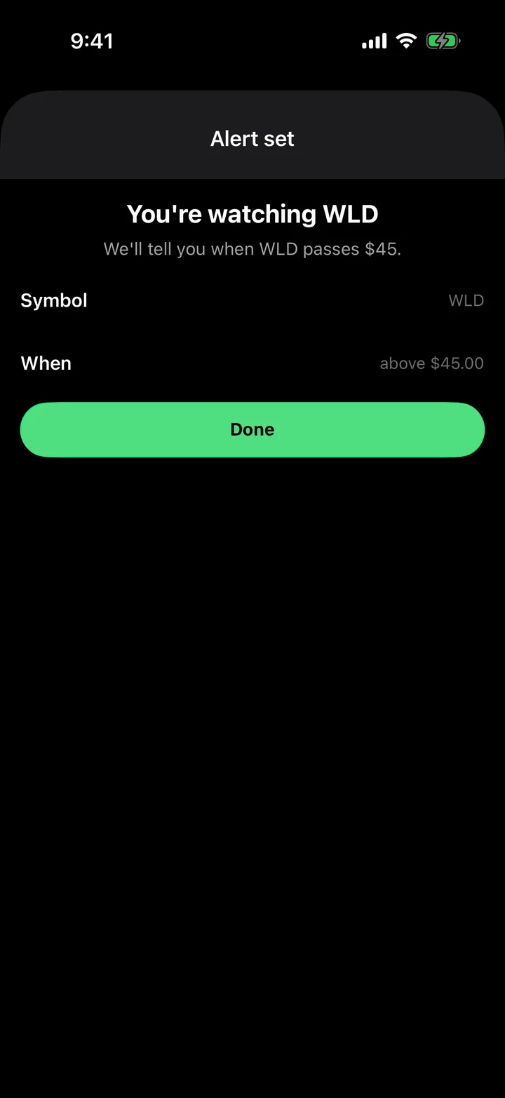 Ticker Board: Alert set on iOS, dark
