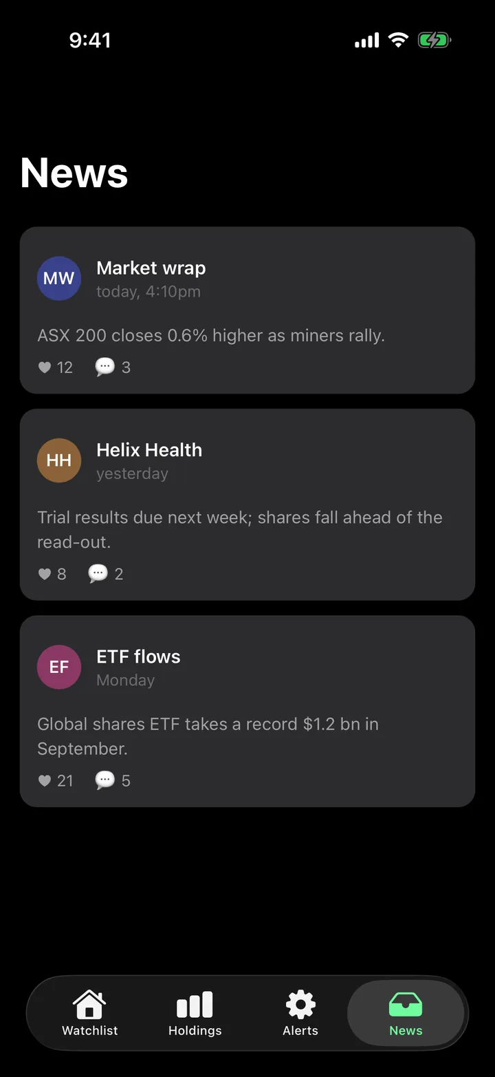 Ticker Board: News on iOS, dark