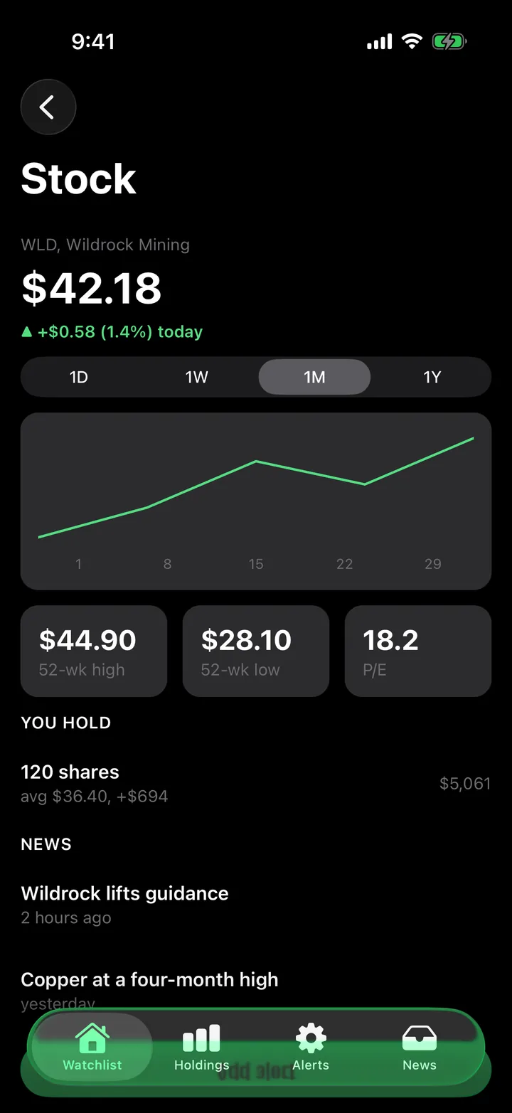 Ticker Board: Stock on iOS, dark