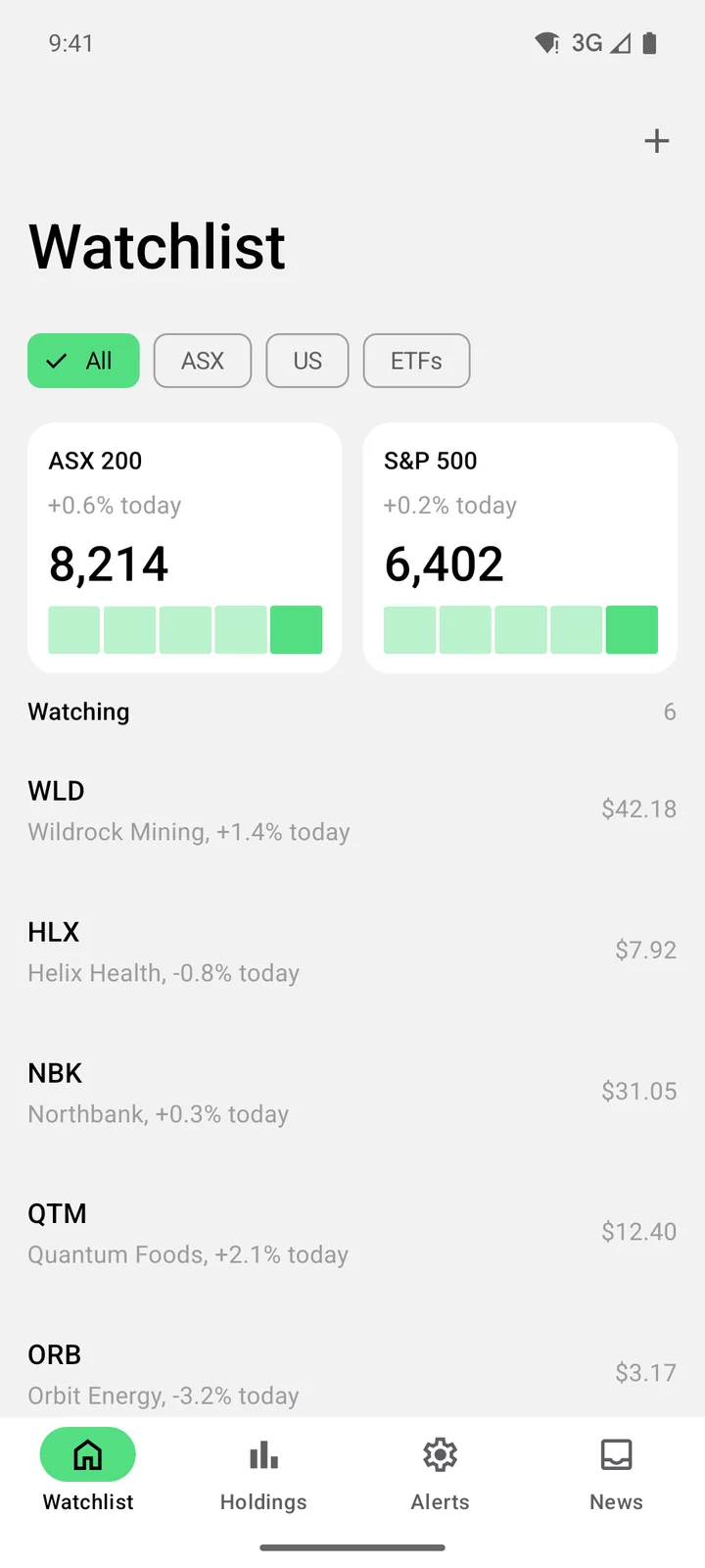 Ticker Board: Watchlist on Android, light