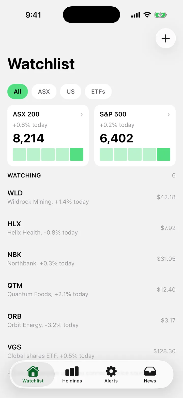 Ticker Board: Watchlist on iOS, light