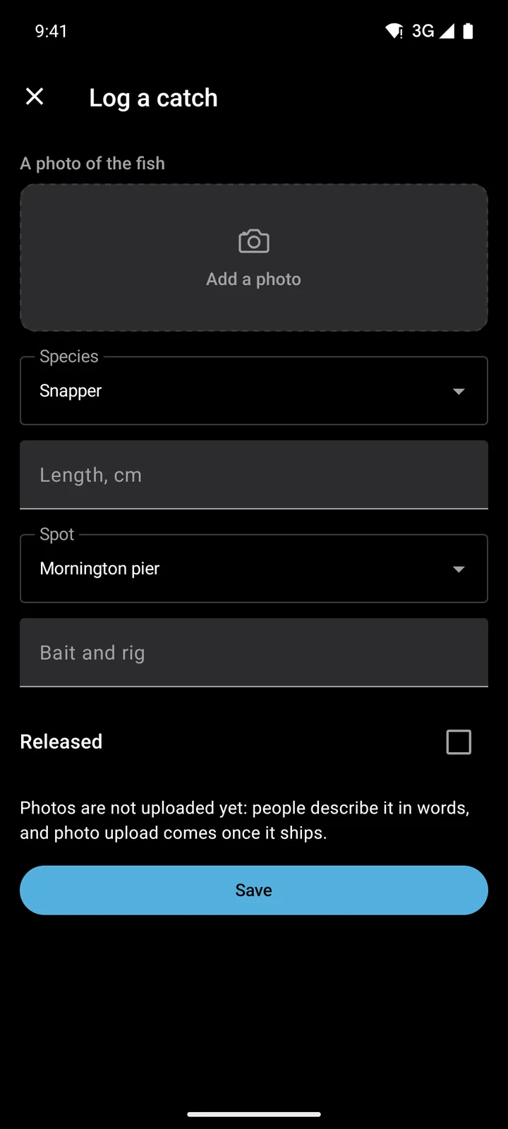 Tidelog: Log a catch on Android, dark