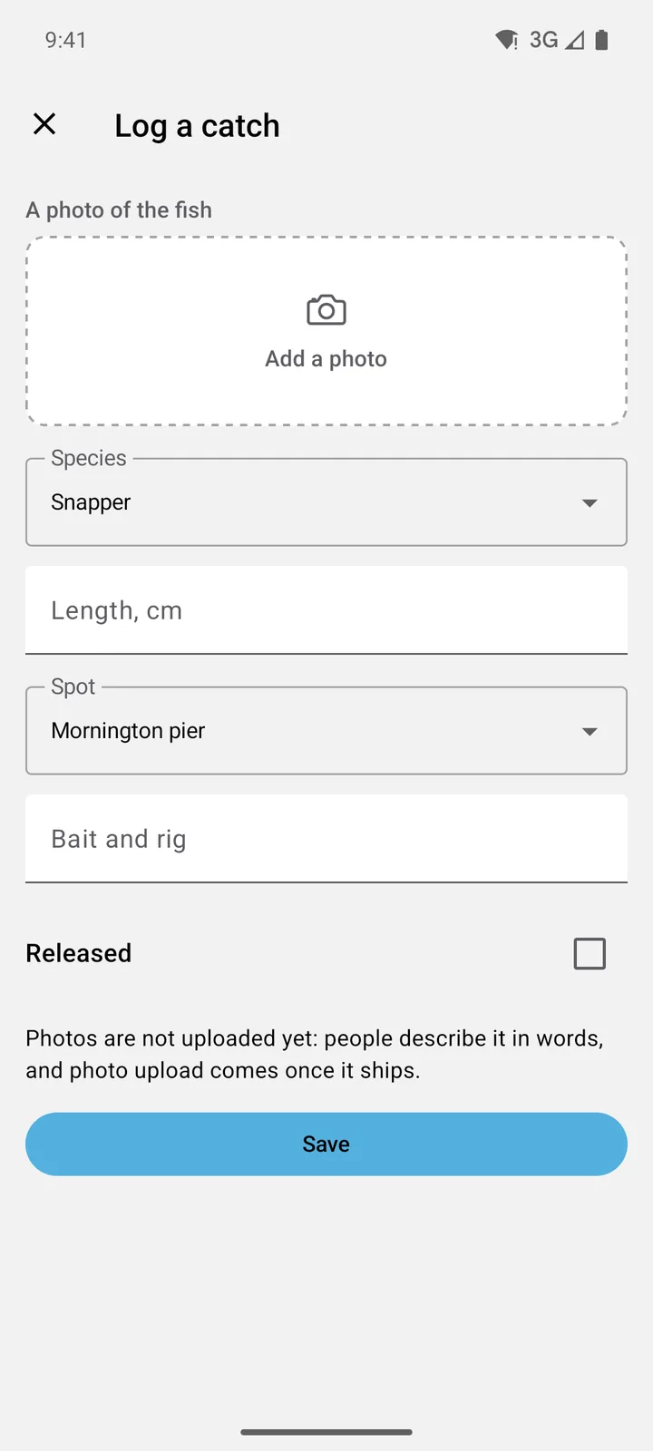 Tidelog: Log a catch on Android, light