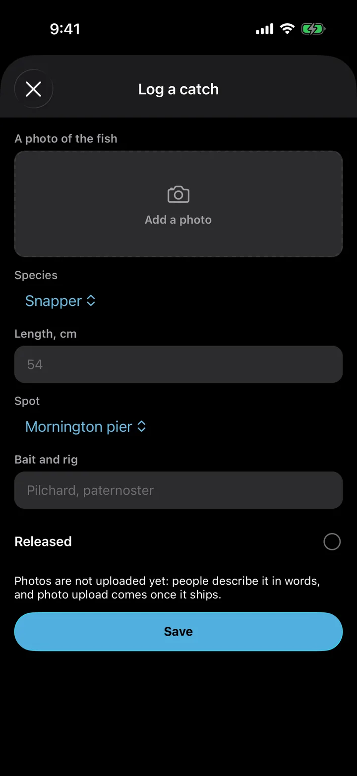 Tidelog: Log a catch on iOS, dark