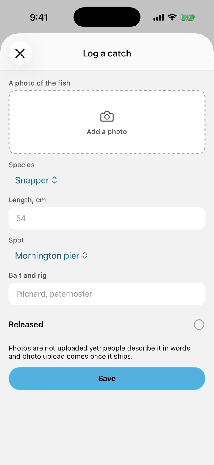Tidelog: Log a catch on iOS, light