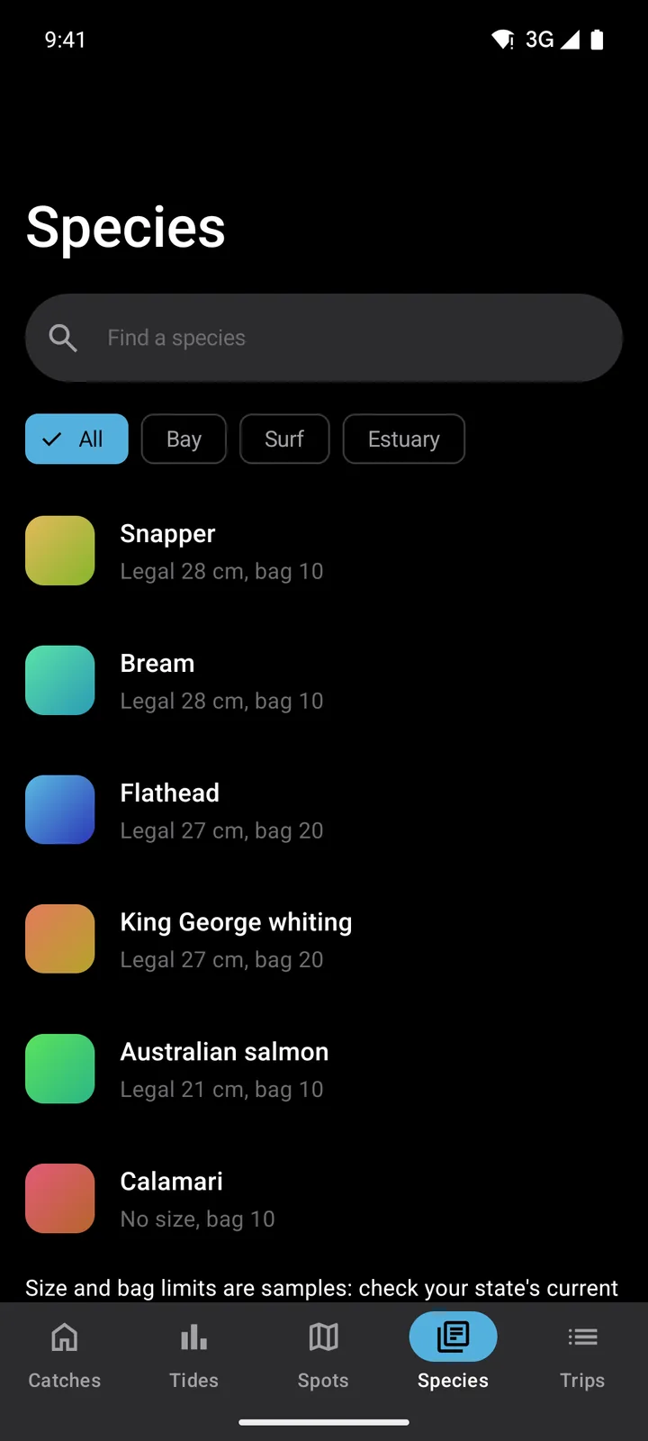 Tidelog: Species on Android, dark