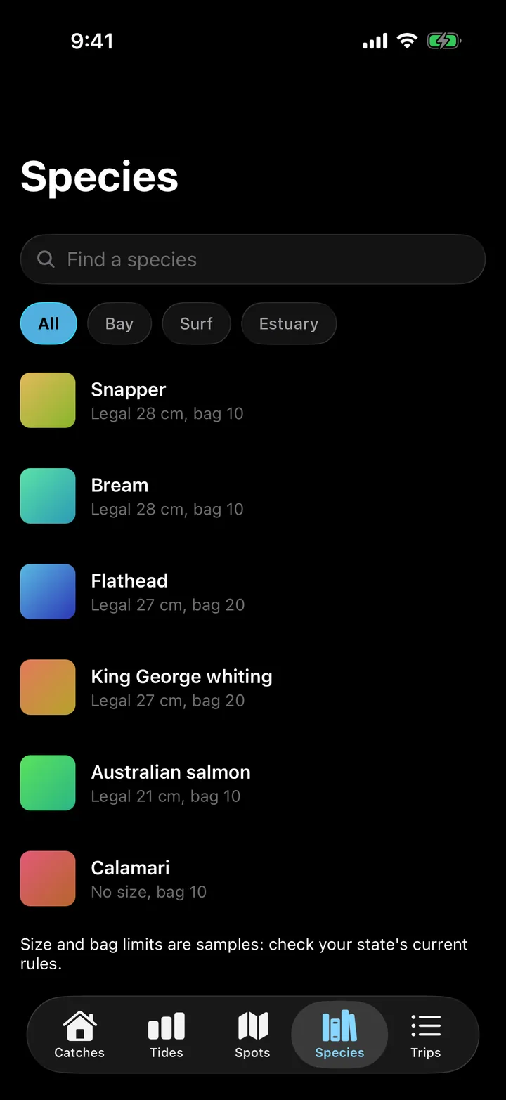 Tidelog: Species on iOS, dark