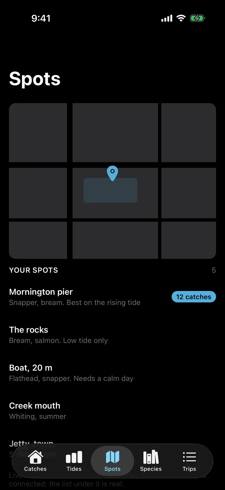 Tidelog: Spots on iOS, dark