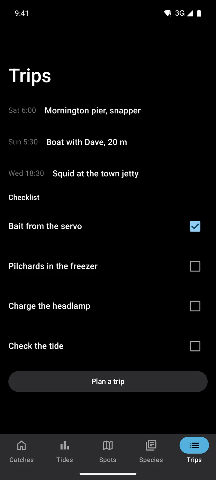Tidelog: Trips on Android, dark