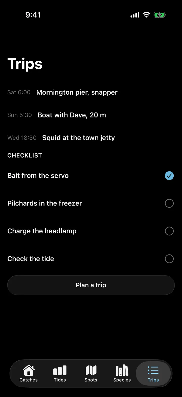 Tidelog: Trips on iOS, dark